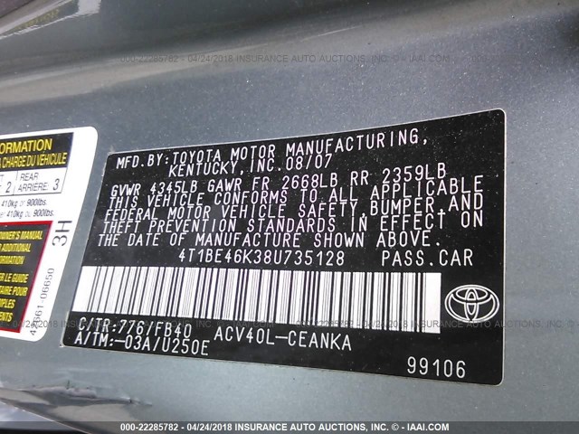 4T1BE46K38U735128 - 2008 TOYOTA CAMRY CE/LE/XLE/SE GREEN photo 9