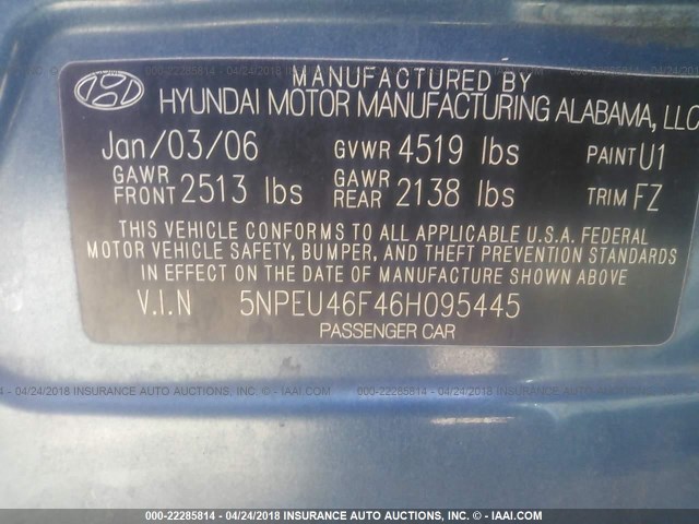 5NPEU46F46H095445 - 2006 HYUNDAI SONATA GLS/LX BLUE photo 9