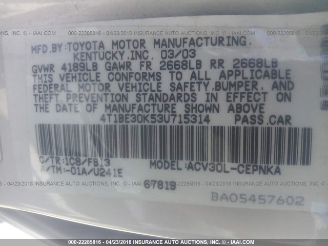 4T1BE30K53U715314 - 2003 TOYOTA CAMRY LE/XLE/SE 银色 照片 9