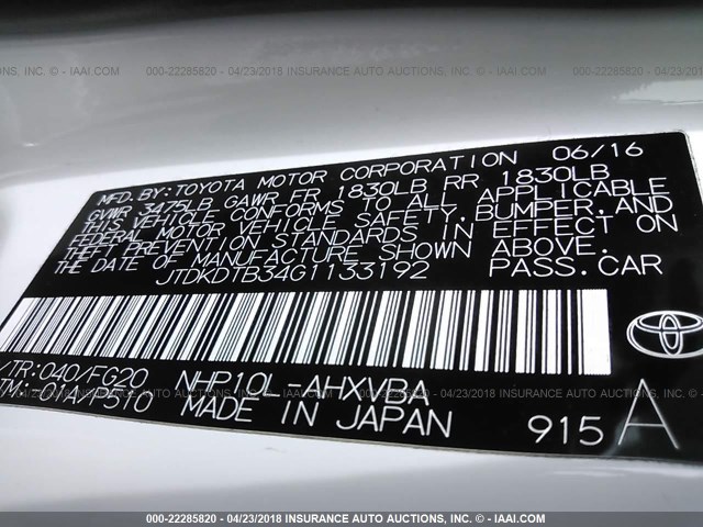 JTDKDTB34G1133192 - 2016 TOYOTA PRIUS C WHITE photo 9