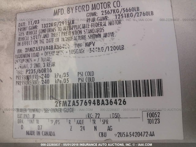 2FMZA57694BA36426 - 2004 FORD FREESTAR SES SILVER photo 9