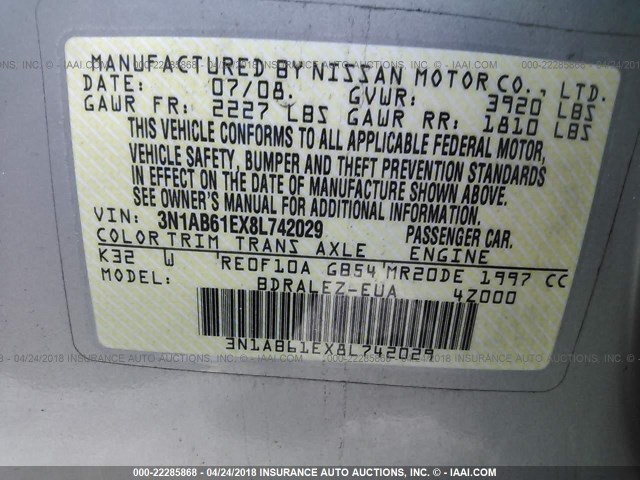 3N1AB61EX8L742029 - 2008 NISSAN SENTRA 2.0/2.0S/2.0SL TAN photo 9