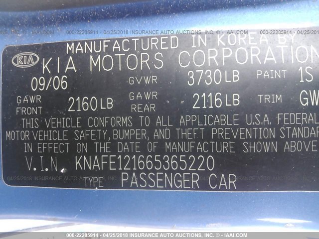 KNAFE121665365220 - 2006 KIA NEW SPECTRA LX/EX BLUE photo 9