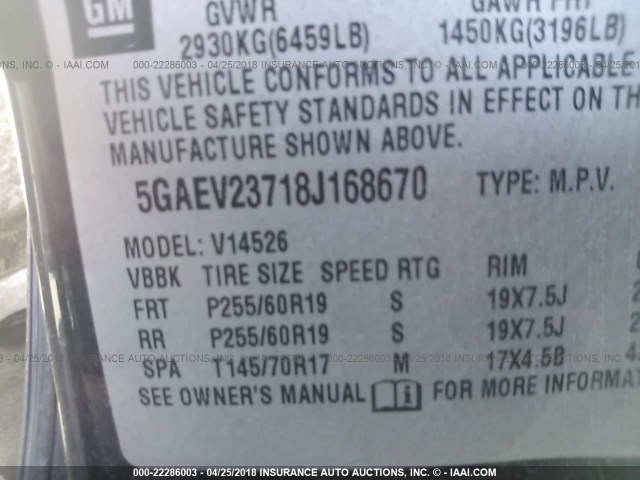 5GAEV23718J168670 - 2008 BUICK ENCLAVE CXL 紫色 照片 9