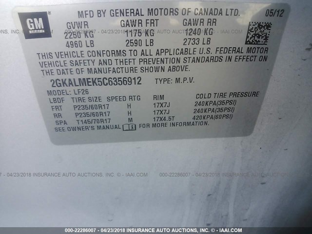 2GKALMEK5C6356912 - 2012 GMC TERRAIN SLE SILVER photo 9