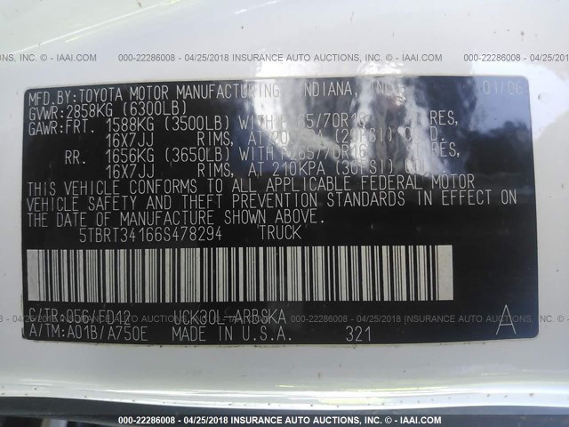 5TBRT34166S478294 - 2006 TOYOTA TUNDRA ACCESS CAB SR5 WHITE photo 9