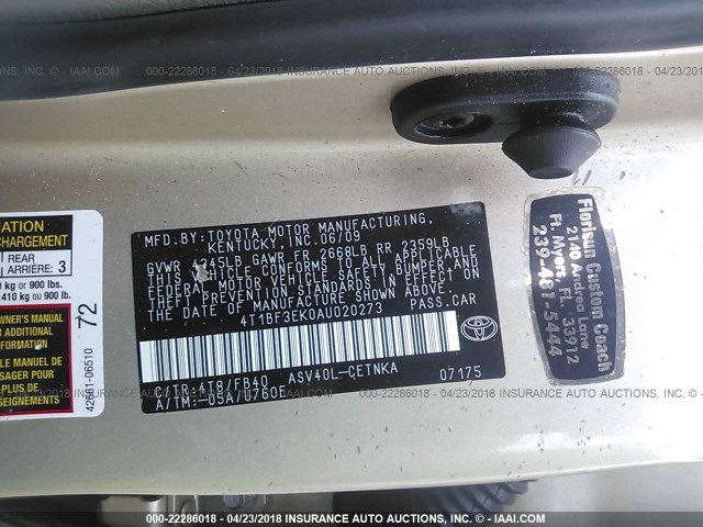 4T1BF3EK0AU020273 - 2010 TOYOTA CAMRY SE/LE/XLE 灰色 照片 9