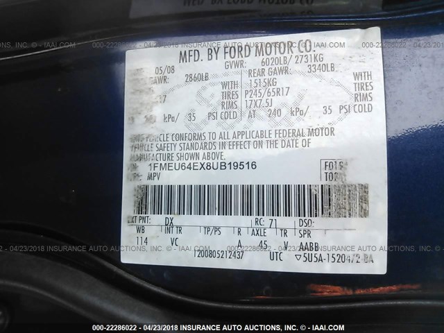 1FMEU64EX8UB19516 - 2008 FORD EXPLORER EDDIE BAUER BLUE photo 9