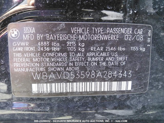 WBAVD53598A284343 - 2008 BMW 335 XI BLACK photo 9