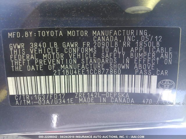 2T1BU4EE1CC877860 - 2012 TOYOTA COROLLA S/LE GRAY photo 9