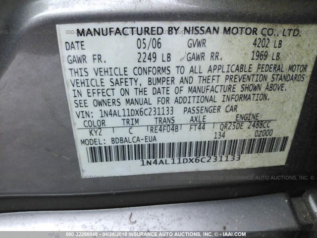 1N4AL11DX6C231133 - 2006 NISSAN ALTIMA S/SL BROWN photo 9