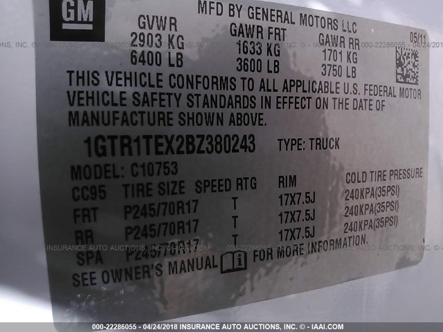 1GTR1TEX2BZ380243 - 2011 GMC SIERRA C1500 WHITE photo 9