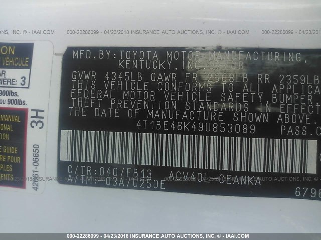 4T1BE46K49U853089 - 2009 TOYOTA CAMRY SE/LE/XLE Ақ фото 9