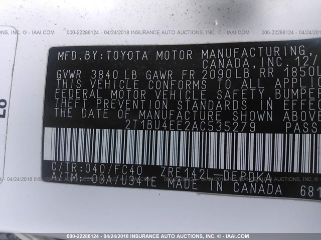 2T1BU4EE2AC535279 - 2010 TOYOTA COROLLA S/LE/XLE WHITE photo 9