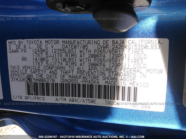 3TMJU62N15M006270 - 2005 TOYOTA TACOMA DOUBLE CAB PRERUNNER BLUE photo 9