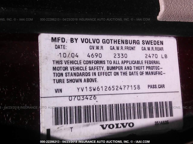 YV1SW612652477158 - 2005 VOLVO V70 RED photo 9