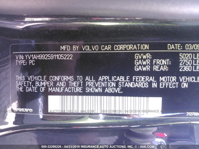 YV1AH992591105222 - 2009 VOLVO S80 T6 GRAY photo 9