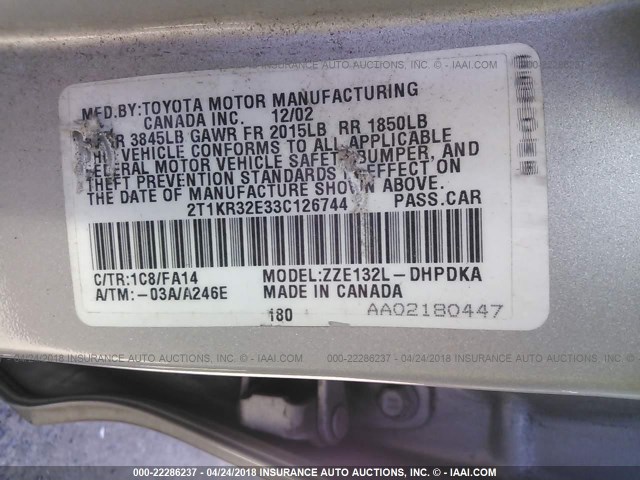 2T1KR32E33C126744 - 2003 TOYOTA COROLLA MATRIX XR SILVER photo 9