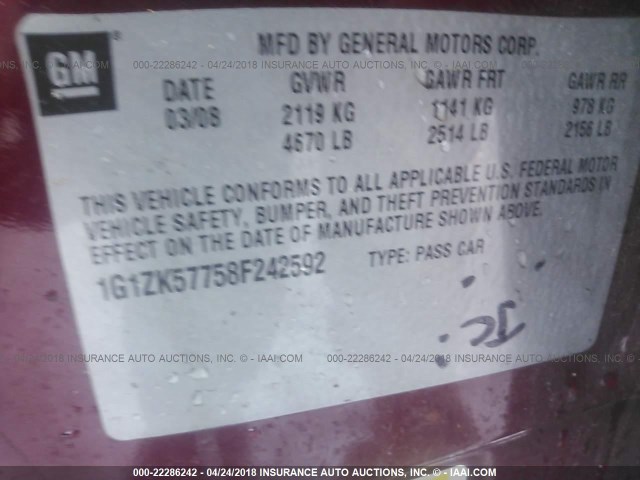 1G1ZK57758F242592 - 2008 CHEVROLET MALIBU LTZ 栗色 照片 9