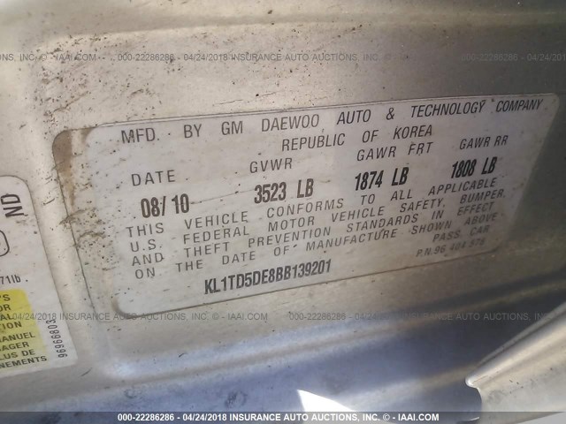 KL1TD5DE8BB139201 - 2011 CHEVROLET AVEO LS/LT 银色 照片 9