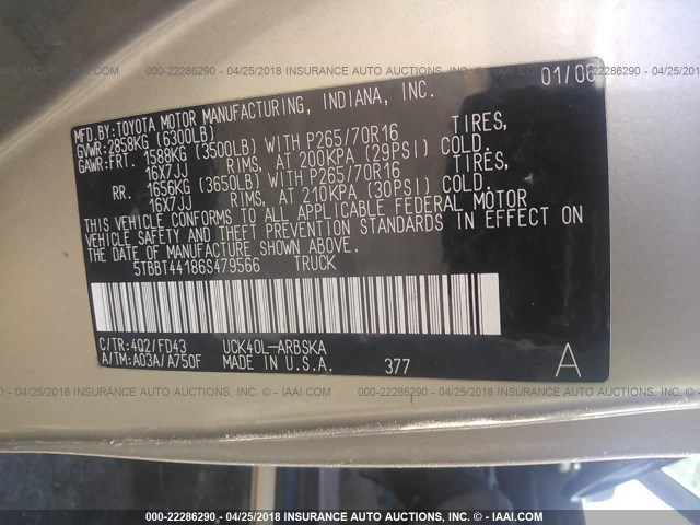 5TBBT44186S479566 - 2006 TOYOTA TUNDRA ACCESS CAB SR5 TAN photo 9
