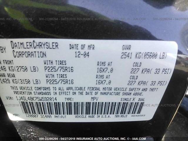 1J4GL48K75W592014 - 2005 JEEP LIBERTY SPORT Boz foto 9