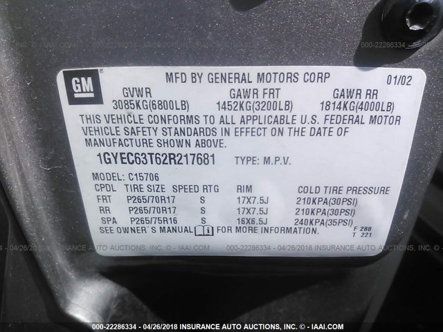 1GYEC63T62R217681 - 2002 CADILLAC ESCALADE LUXURY შამპანური ფოტო 9