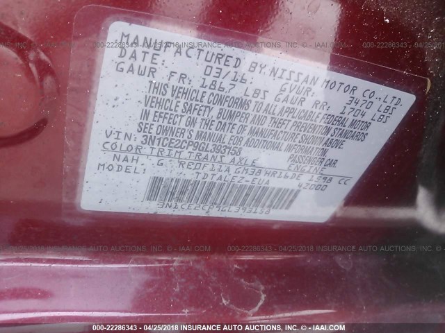 3N1CE2CP9GL393158 - 2016 NISSAN VERSA NOTE S/S PLUS/SV/SL/SR MAROON photo 9