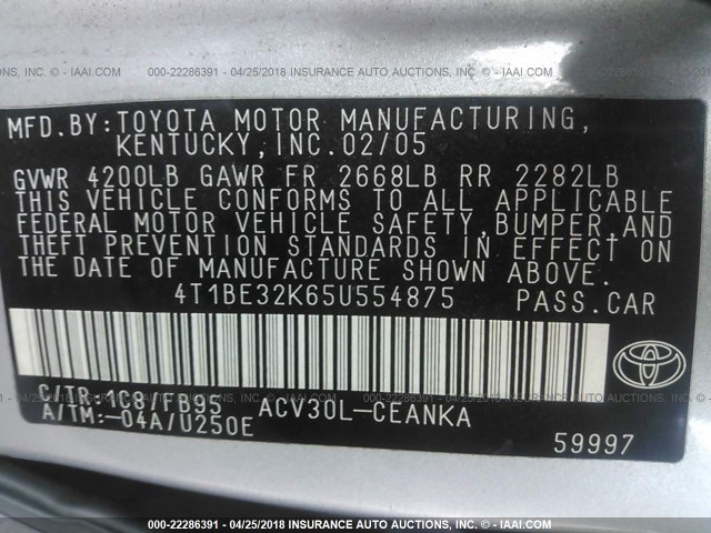 4T1BE32K65U554875 - 2005 TOYOTA CAMRY LE/XLE/SE 银色 照片 9