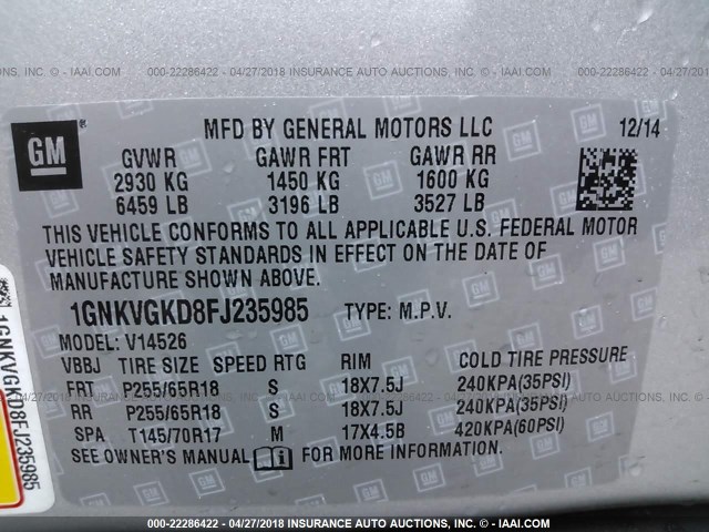 1GNKVGKD8FJ235985 - 2015 CHEVROLET TRAVERSE LT SILVER photo 9