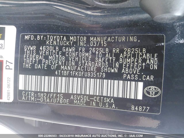 4T1BF1FK0FU935179 - 2015 TOYOTA CAMRY LE/XLE/SE/XSE BLACK photo 9