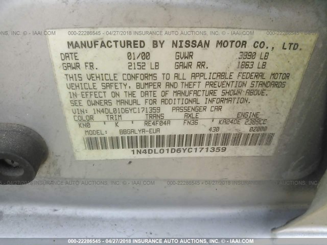 1N4DL01D6YC171359 - 2000 NISSAN ALTIMA XE/GXE/SE/GLE SILVER photo 9