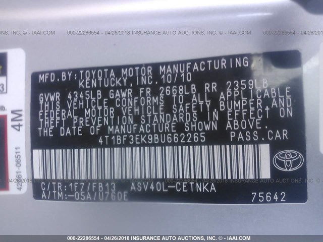 4T1BF3EK9BU662265 - 2011 TOYOTA CAMRY SE/LE/XLE 银色 照片 9