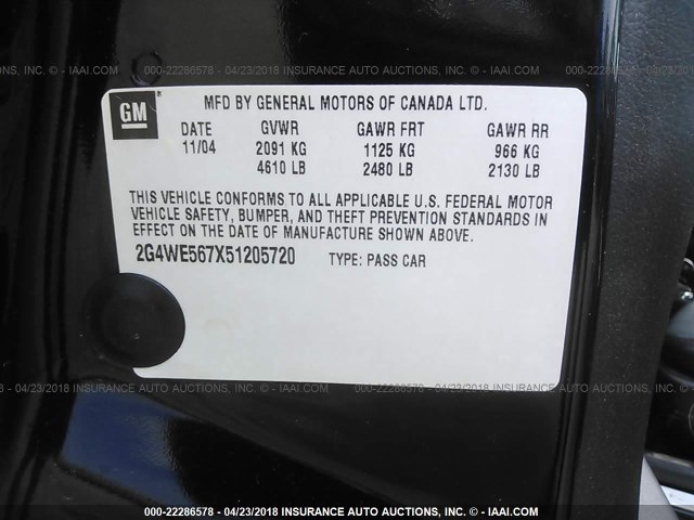 2G4WE567X51205720 - 2005 BUICK LACROSSE CXS BLACK photo 9