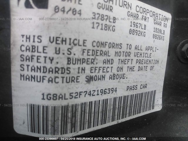 1G8AL52F74Z196394 - 2004 SATURN ION LEVEL 3 GRAY photo 9