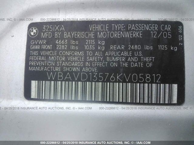 WBAVD13576KV05812 - 2006 BMW 325 XI SILVER photo 9