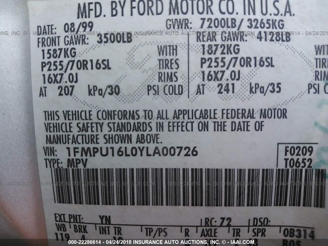 1FMPU16L0YLA00726 - 2000 FORD EXPEDITION XLT Silber Foto 9