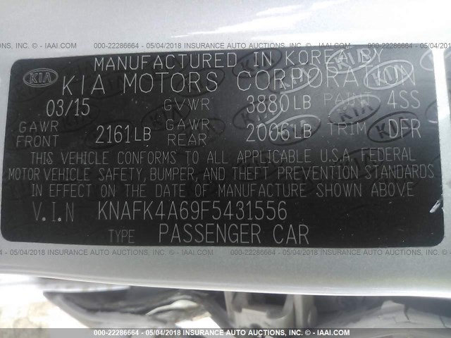 KNAFK4A69F5431556 - 2015 KIA FORTE LX SILVER photo 9