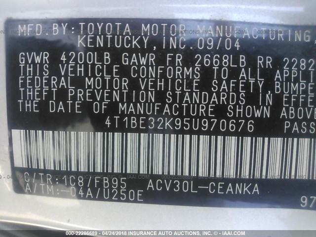 4T1BE32K95U970676 - 2005 TOYOTA CAMRY LE/XLE/SE SILVER photo 9