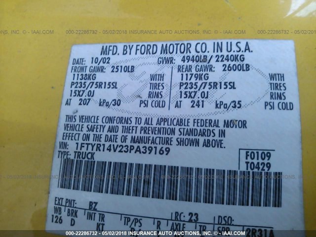 1FTYR14V23PA39169 - 2003 FORD RANGER SUPER CAB YELLOW photo 9