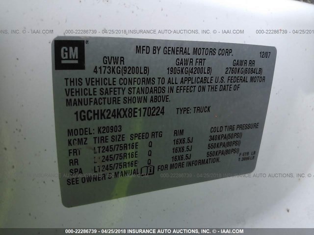 1GCHK24KX8E170224 - 2008 CHEVROLET SILVERADO K2500 HEAVY DUTY WHITE photo 9