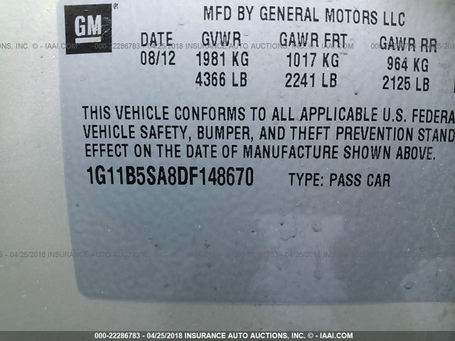 1G11B5SA8DF148670 - 2013 CHEVROLET MALIBU LS 米色 照片 9