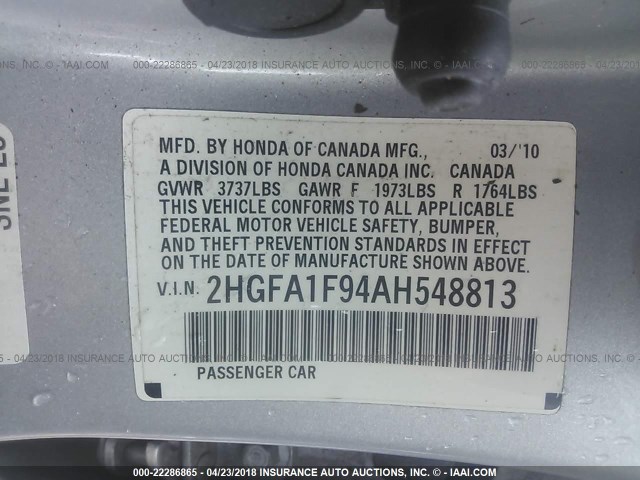 2HGFA1F94AH548813 - 2010 HONDA CIVIC EXL SILVER photo 9