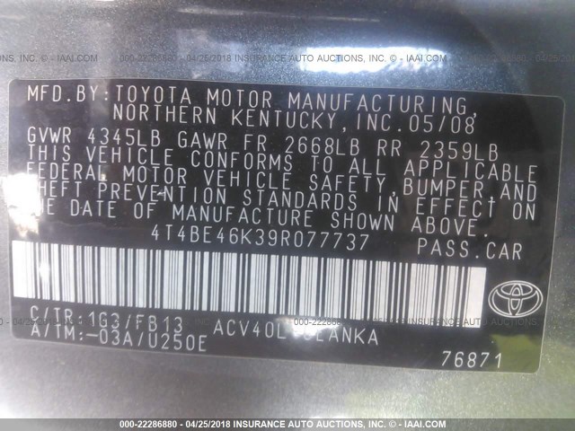 4T4BE46K39R077737 - 2009 TOYOTA CAMRY SE/LE/XLE Сұр фото 9