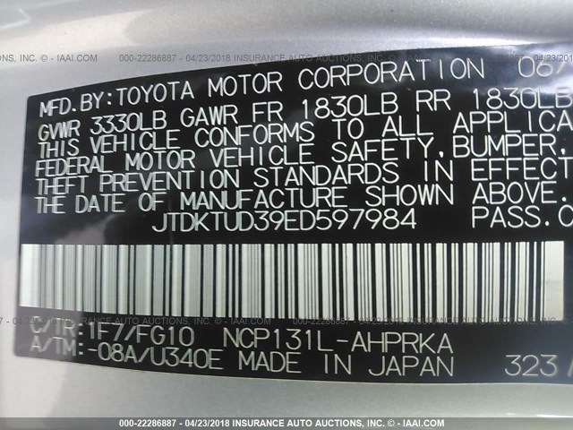 JTDKTUD39ED597984 - 2014 TOYOTA YARIS SILVER photo 9