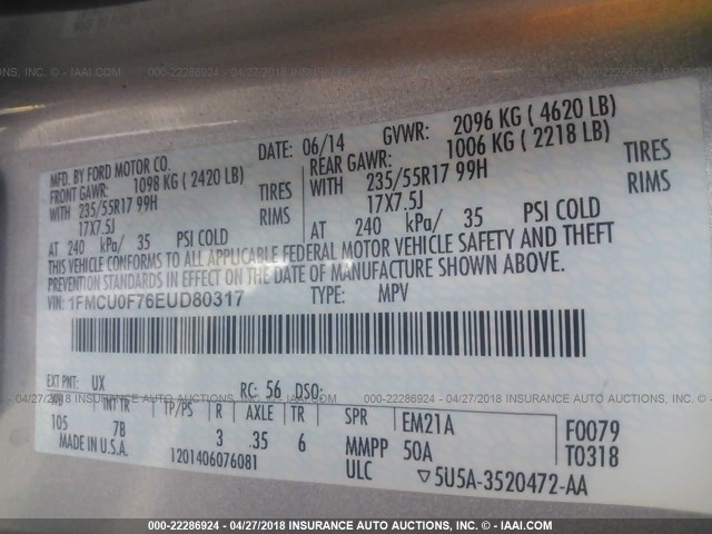 1FMCU0F76EUD80317 - 2014 FORD ESCAPE S SILVER photo 9