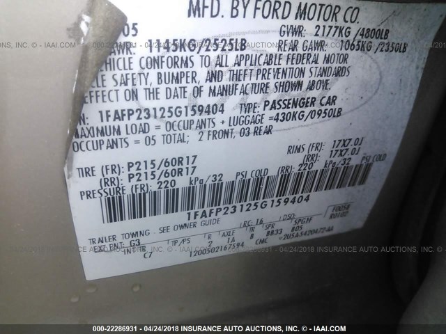 1FAFP23125G159404 - 2005 FORD FIVE HUNDRED SE TAN photo 9