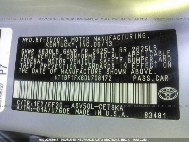 4T1BF1FK6DU708172 - 2013 TOYOTA CAMRY L/SE/LE/XLE ვერცხლისფერი ფოტო 9