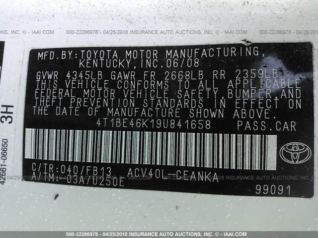 4T1BE46K19U841658 - 2009 TOYOTA CAMRY SE/LE/XLE 白色 照片 9