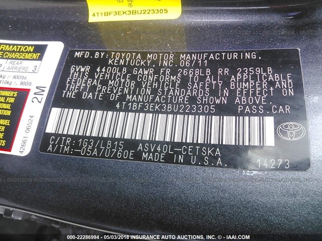 4T1BF3EK3BU223305 - 2011 TOYOTA CAMRY SE/LE/XLE GRAY photo 9